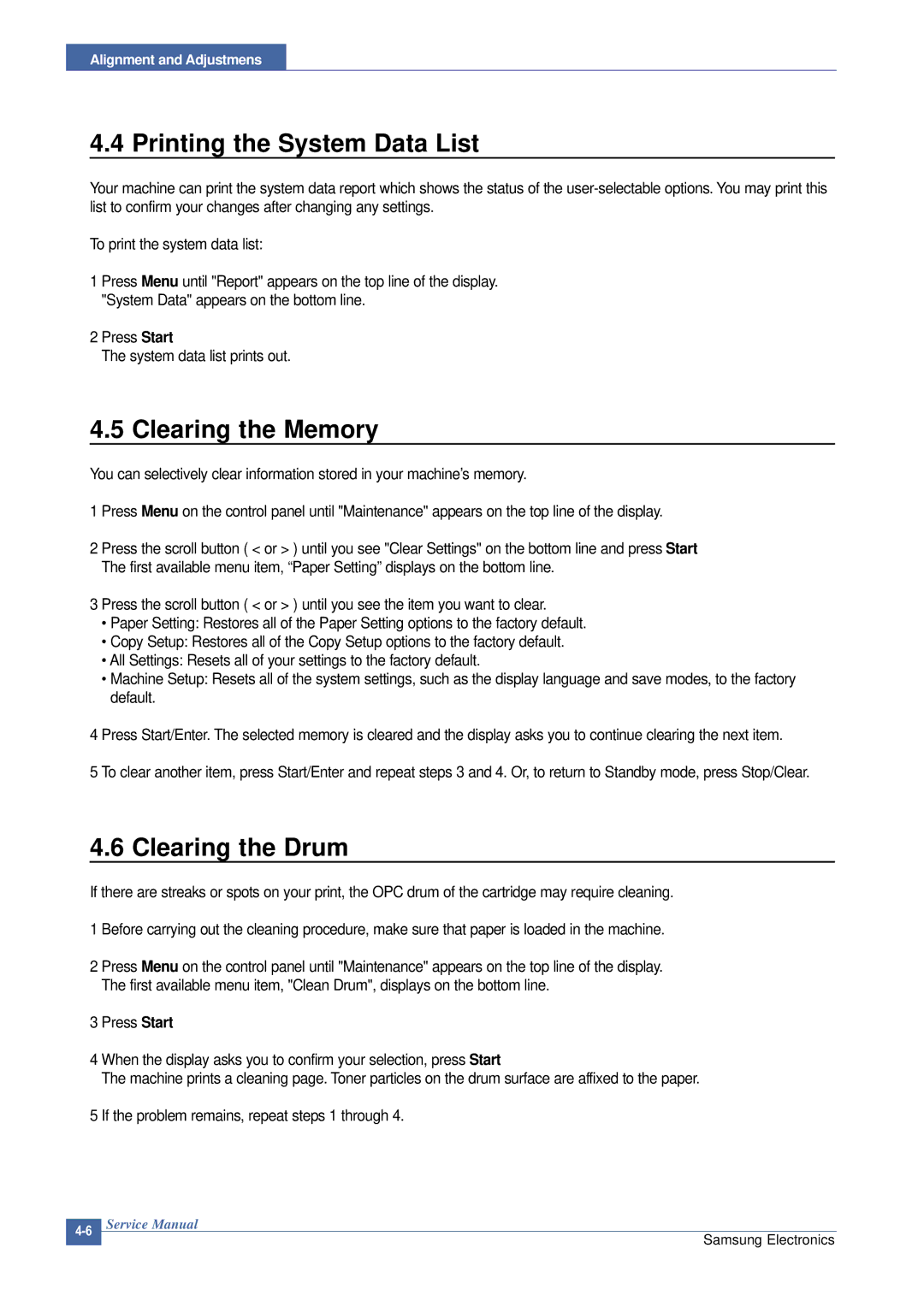 Samsung SCX-4200 manual Printing the System Data List, Clearing the Memory, Clearing the Drum 