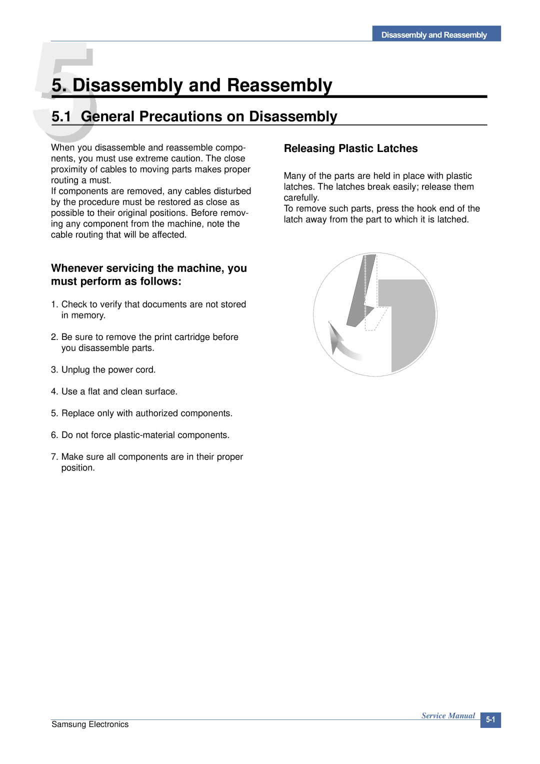 Samsung SCX-4200 manual General Precautions on Disassembly, Releasing Plastic Latches 