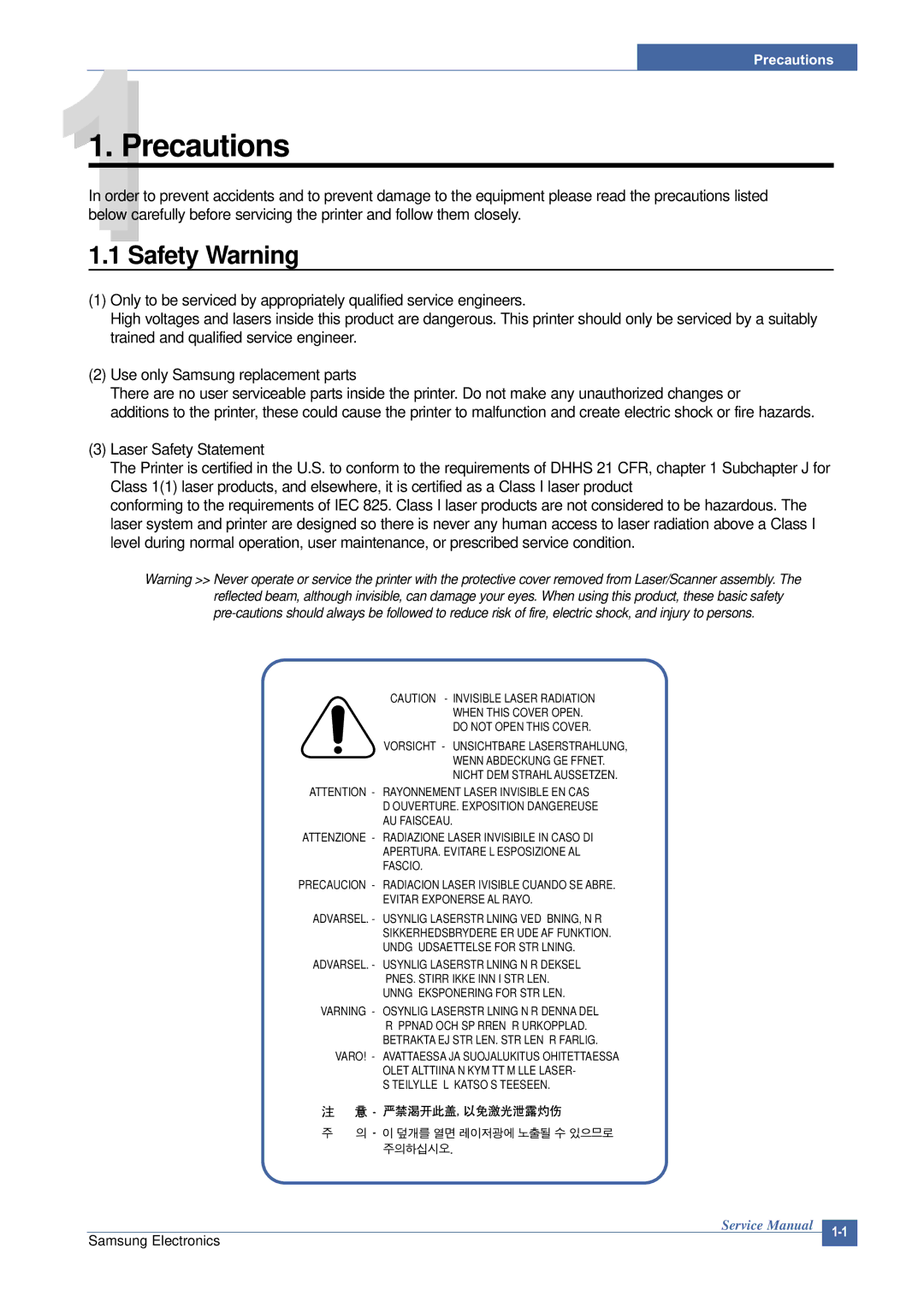 Samsung SCX-4200 manual Precautions, Safety Warning 