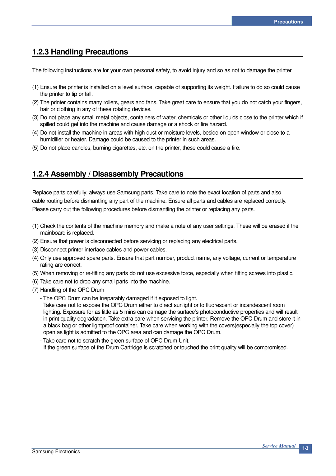 Samsung SCX-4200 manual Handling Precautions, Assembly / Disassembly Precautions 