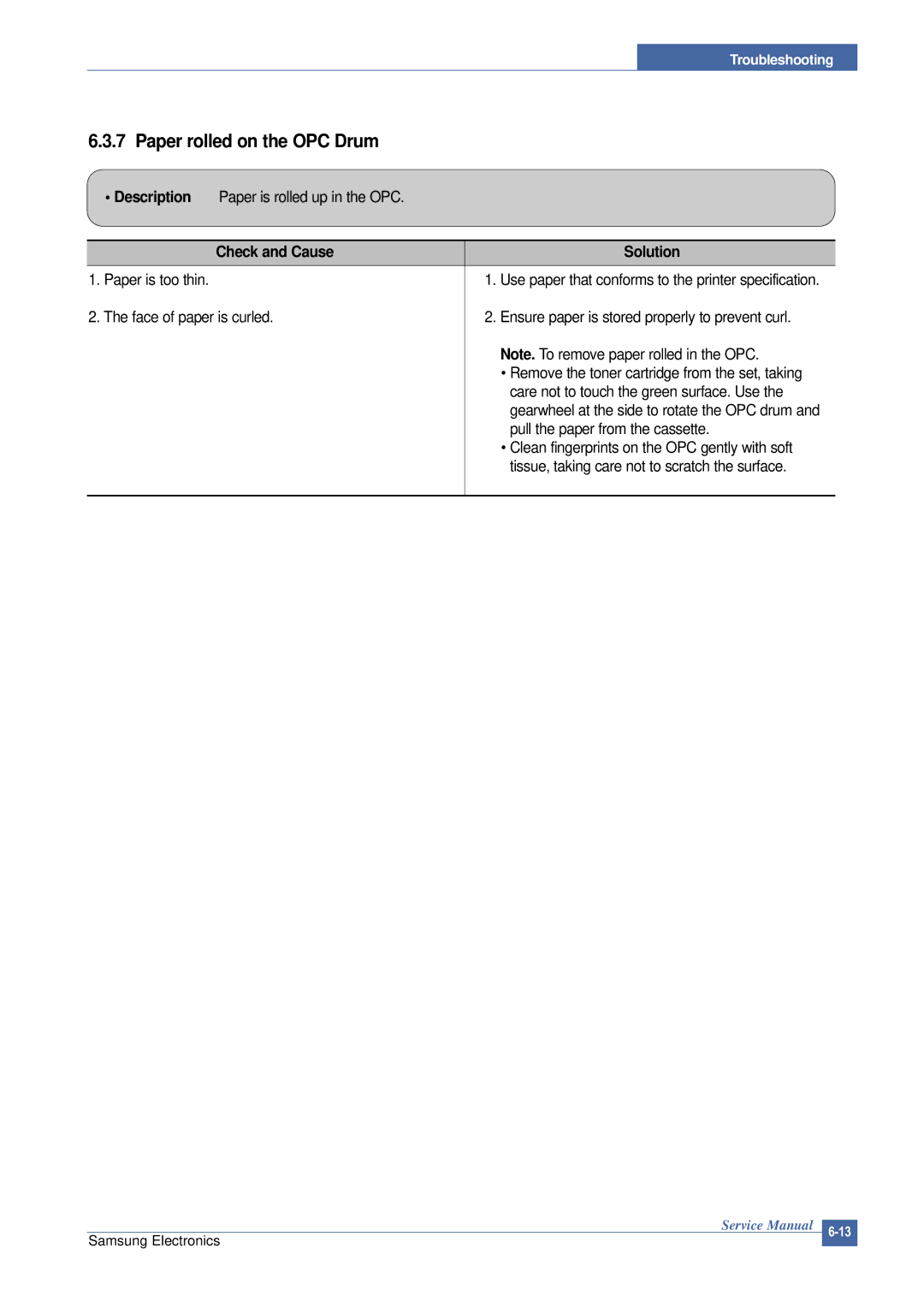 Samsung SCX-4200 manual Paper rolled on the OPC Drum 