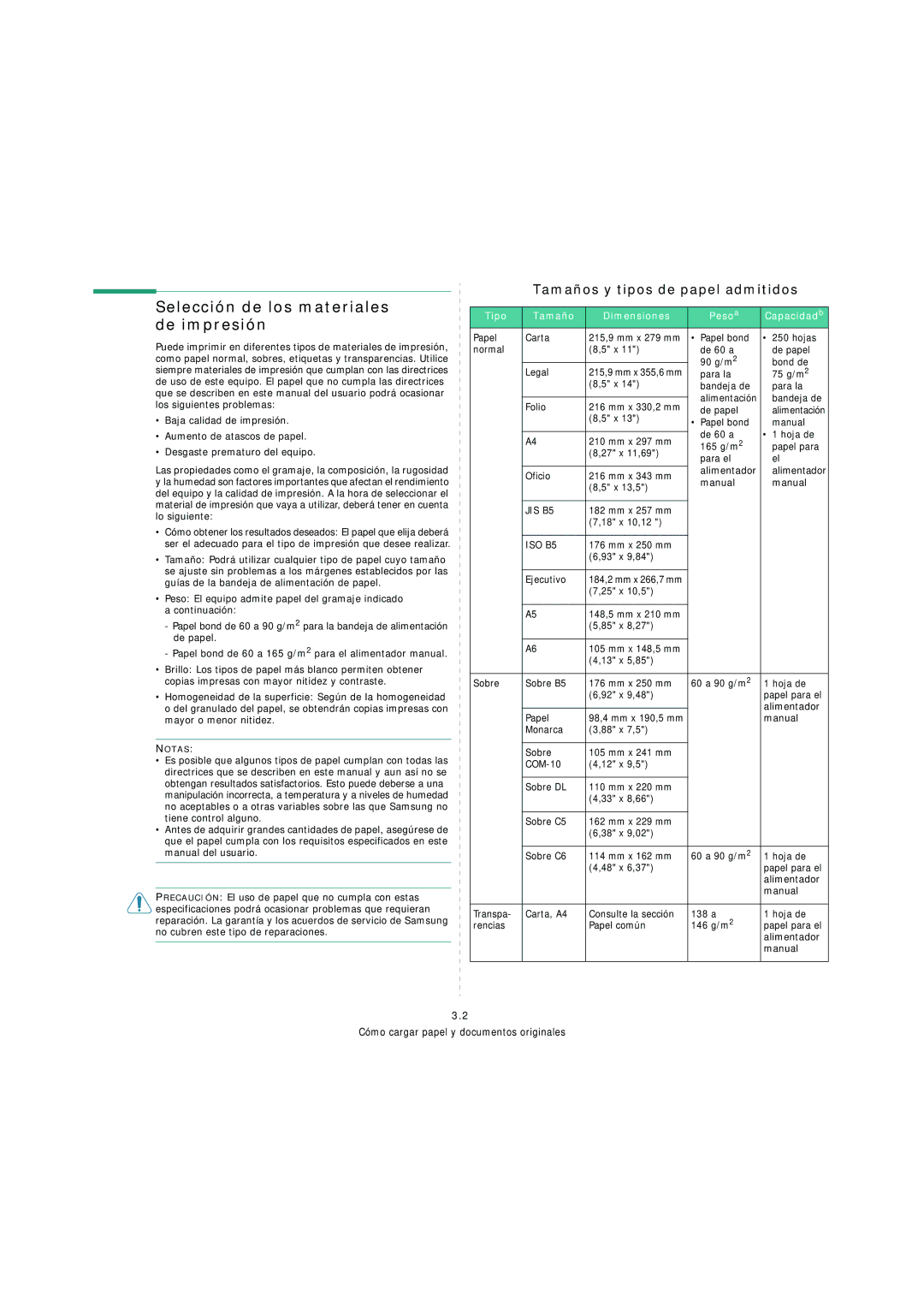 Samsung SCX-4200 manual Selección de los materiales, De impresión, Tamaños y tipos de papel admitidos 