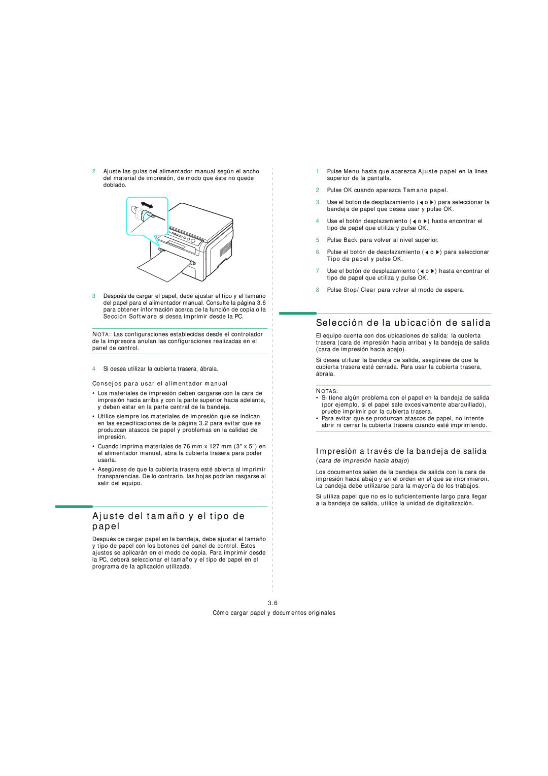 Samsung SCX-4200 manual Ajuste del tamaño y el tipo de papel, Selección de la ubicación de salida 