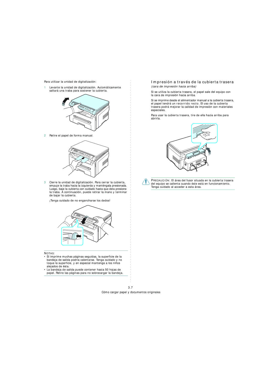 Samsung SCX-4200 manual Impresión a través de la cubierta trasera, Para utilizar la unidad de digitalización 