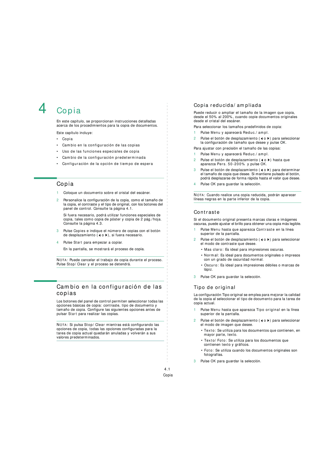 Samsung SCX-4200 manual Copia, Cambio en la configuración de las copias 