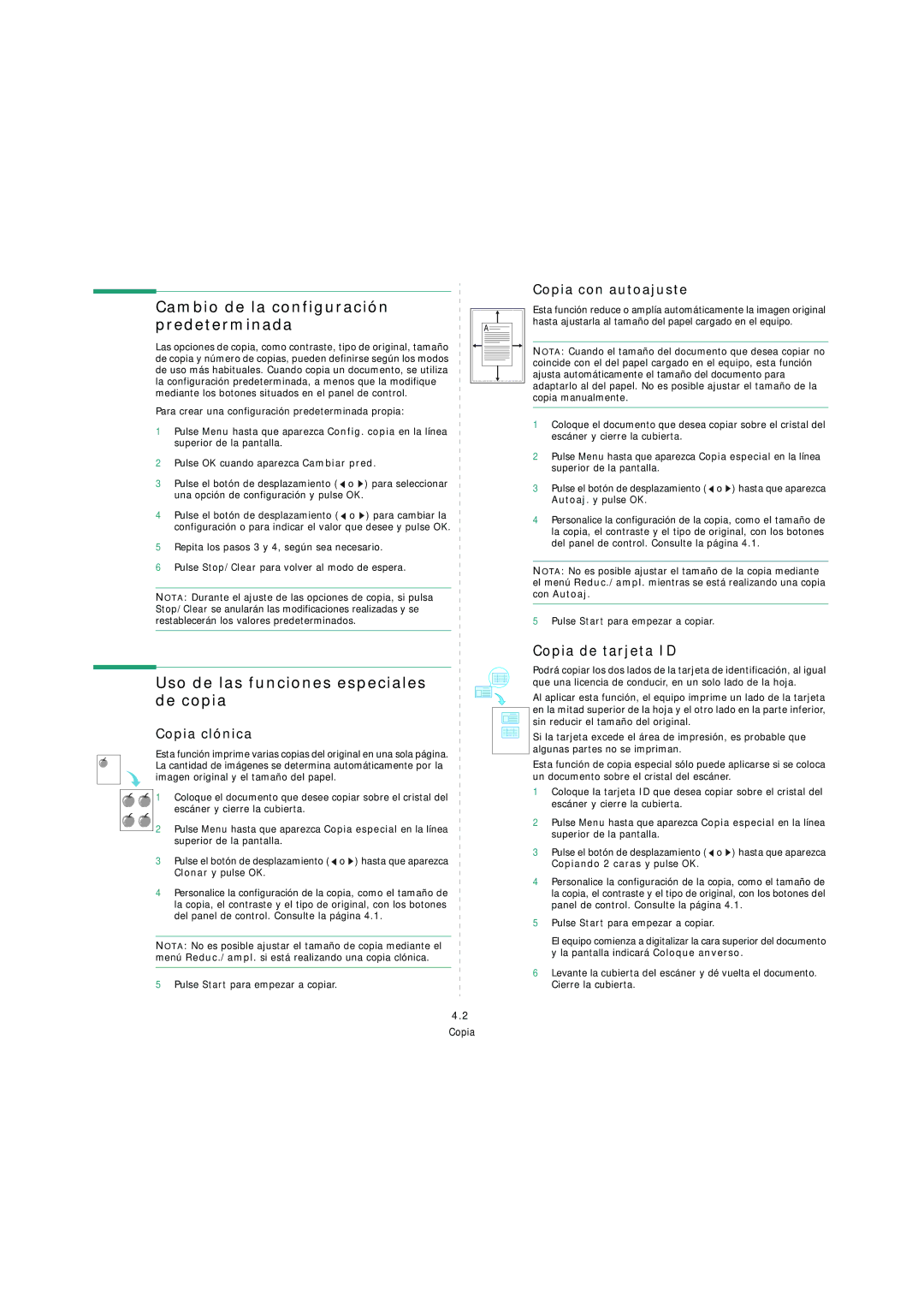 Samsung SCX-4200 manual Uso de las funciones especiales, De copia, Copia con autoajuste, Copia clónica 