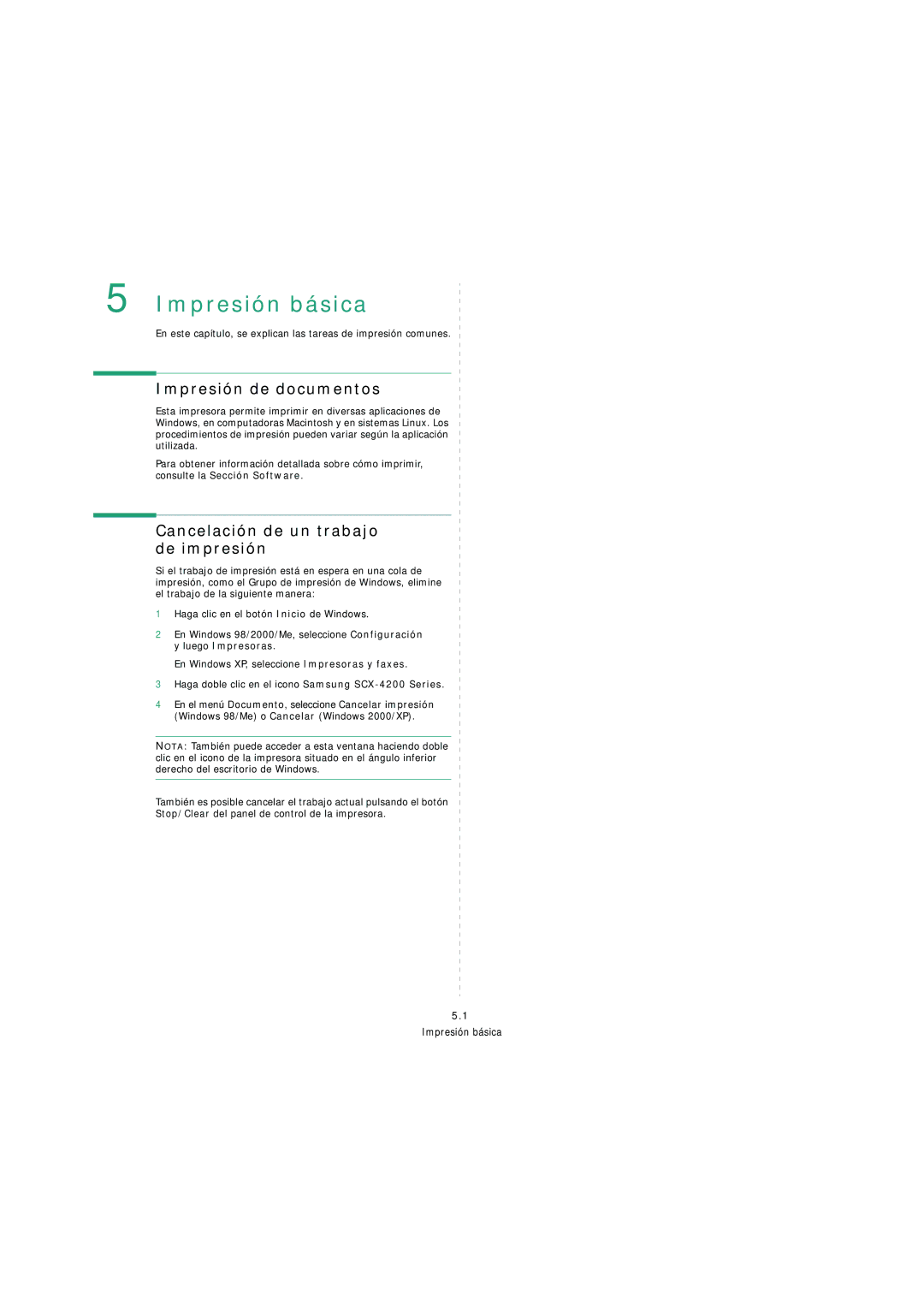 Samsung SCX-4200 manual Impresión básica, Impresión de documentos, Cancelación de un trabajo de impresión 