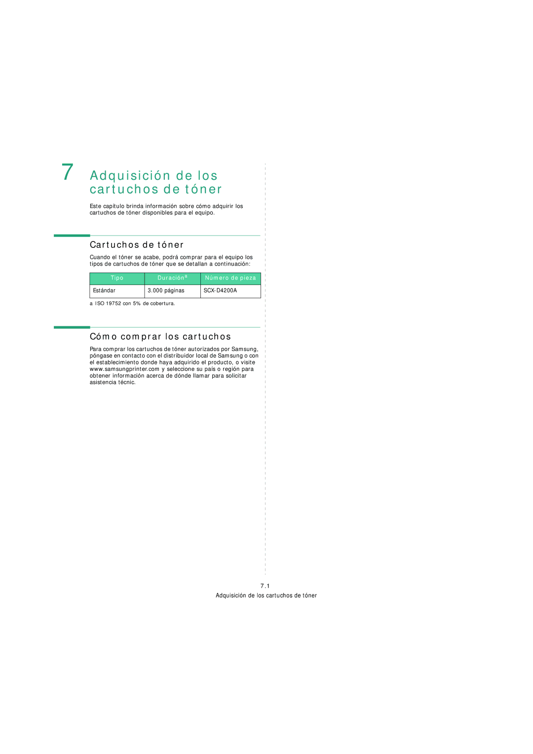 Samsung SCX-4200 manual Adquisición de los cartuchos de tóner, Cartuchos de tóner, Cómo comprar los cartuchos 