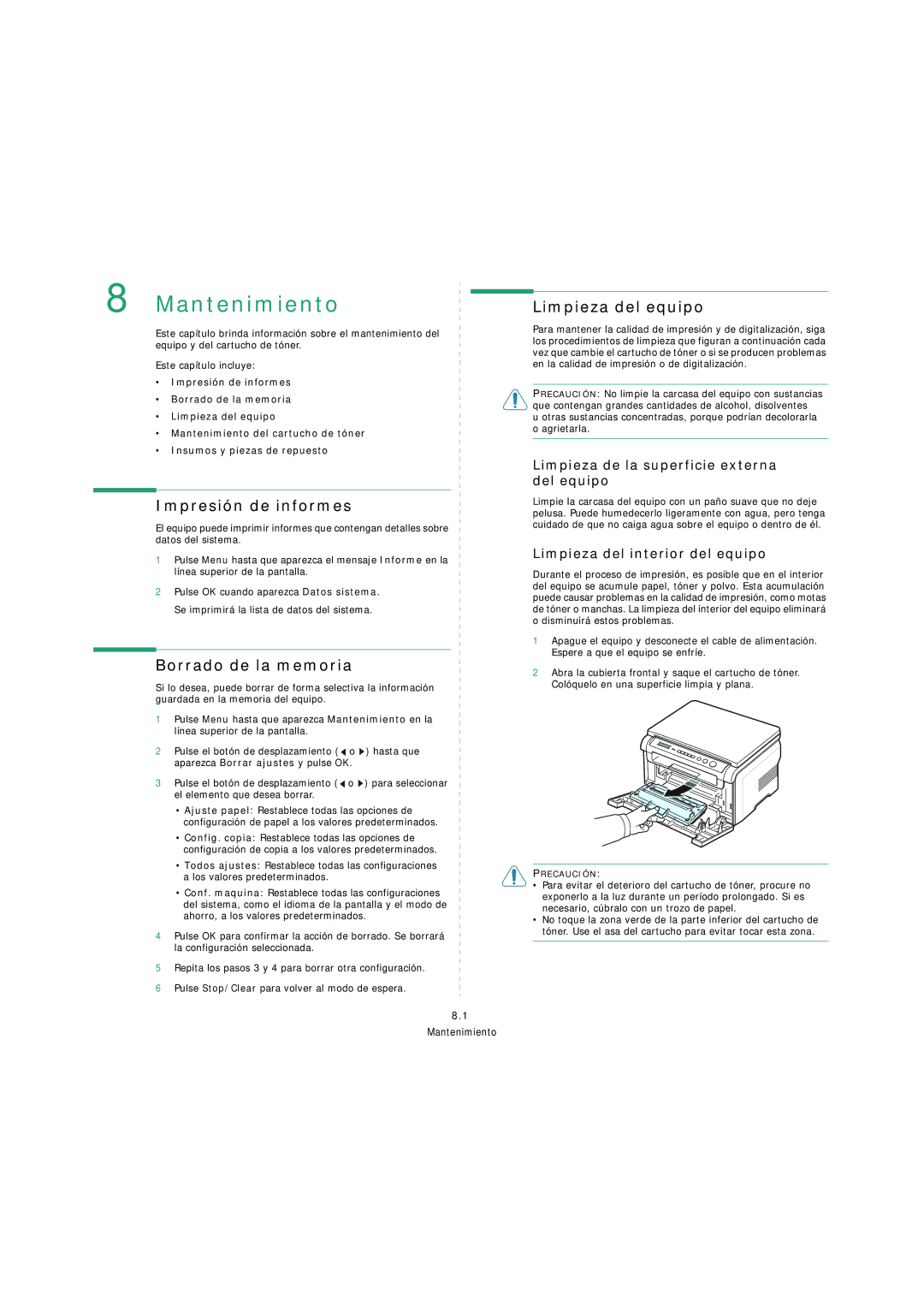 Samsung SCX-4200 manual Mantenimiento, Impresión de informes, Borrado de la memoria, Limpieza del equipo 