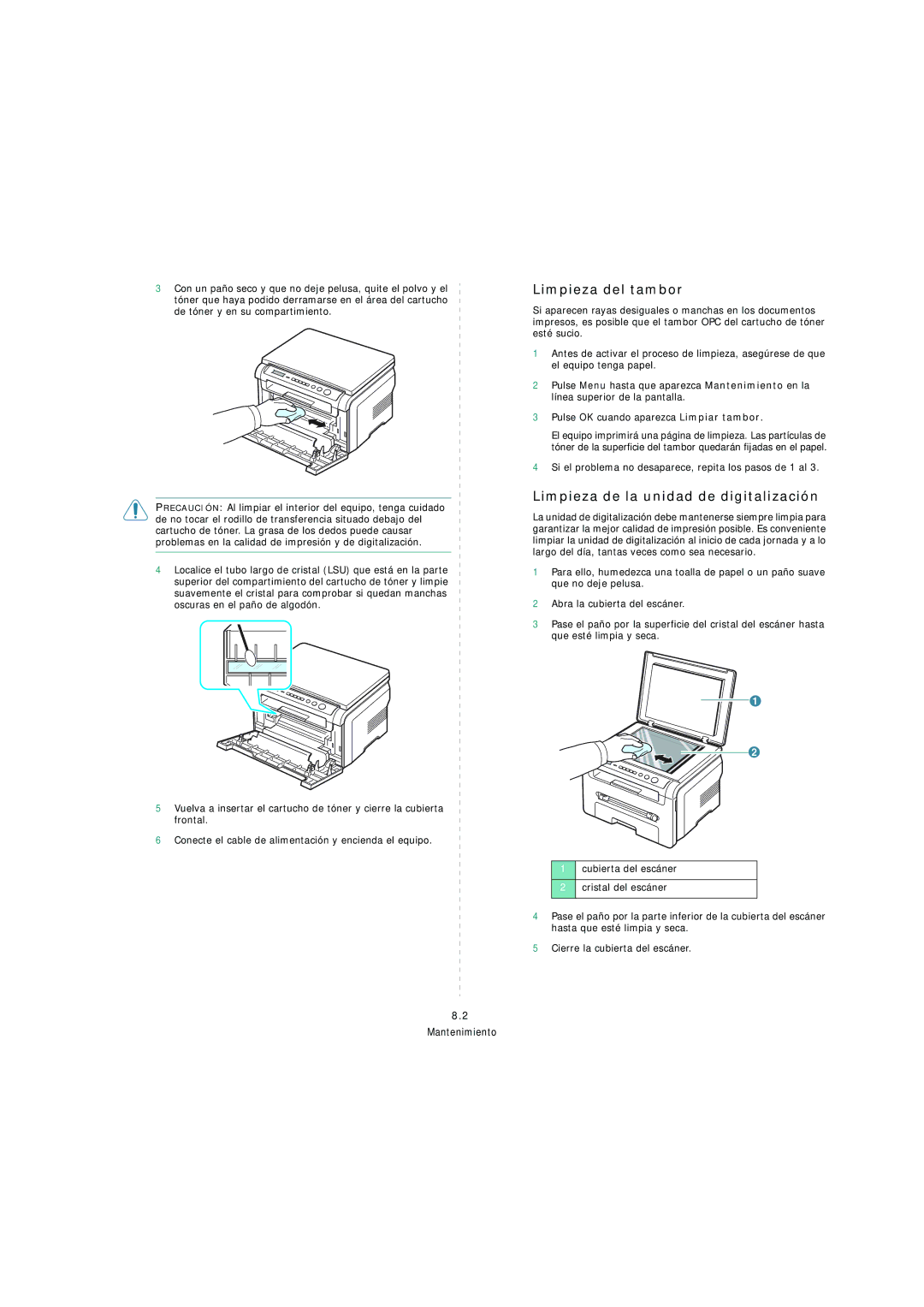 Samsung SCX-4200 manual Limpieza del tambor, Limpieza de la unidad de digitalización 