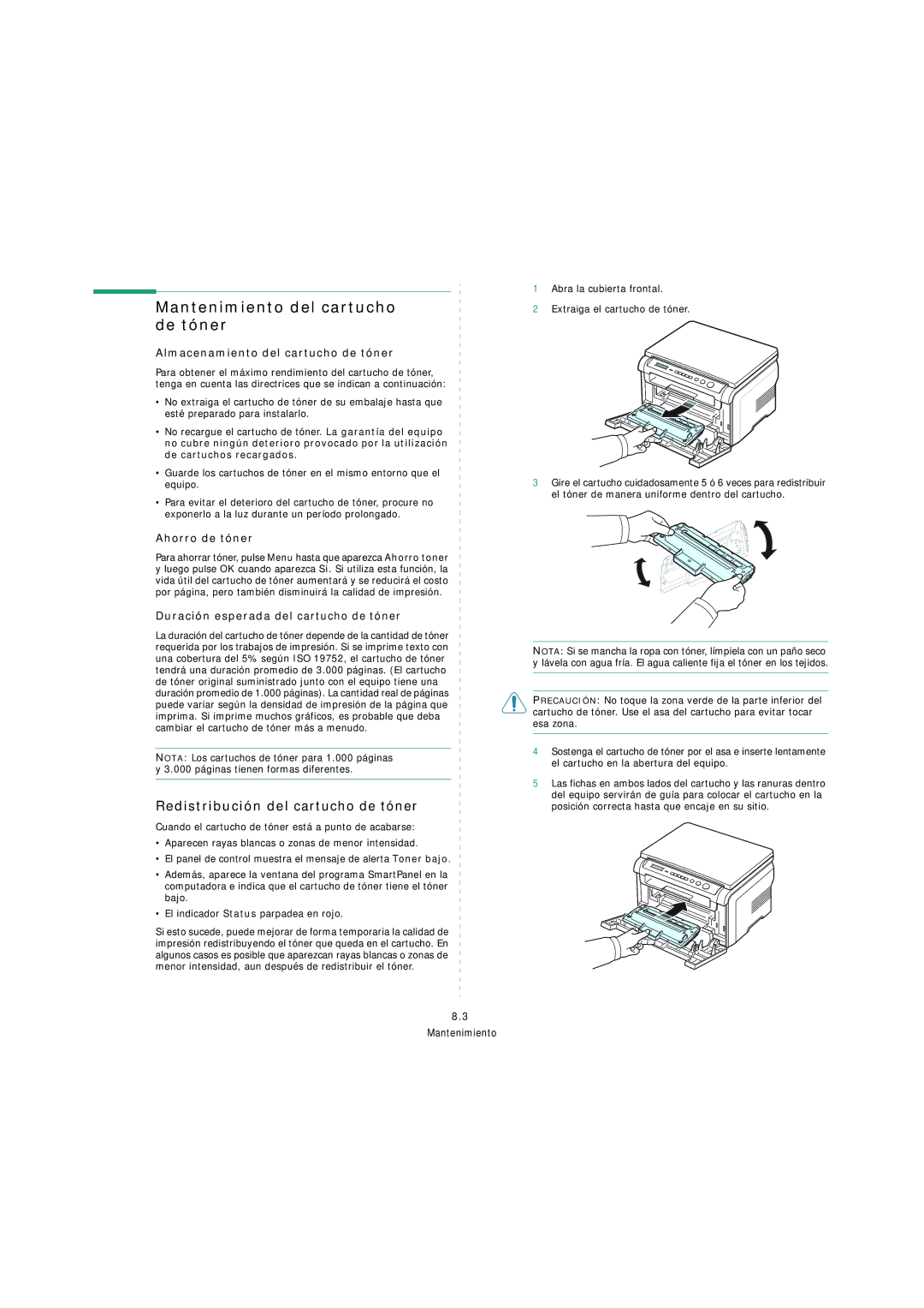 Samsung SCX-4200 manual Mantenimiento del cartucho de tóner, Redistribución del cartucho de tóner 