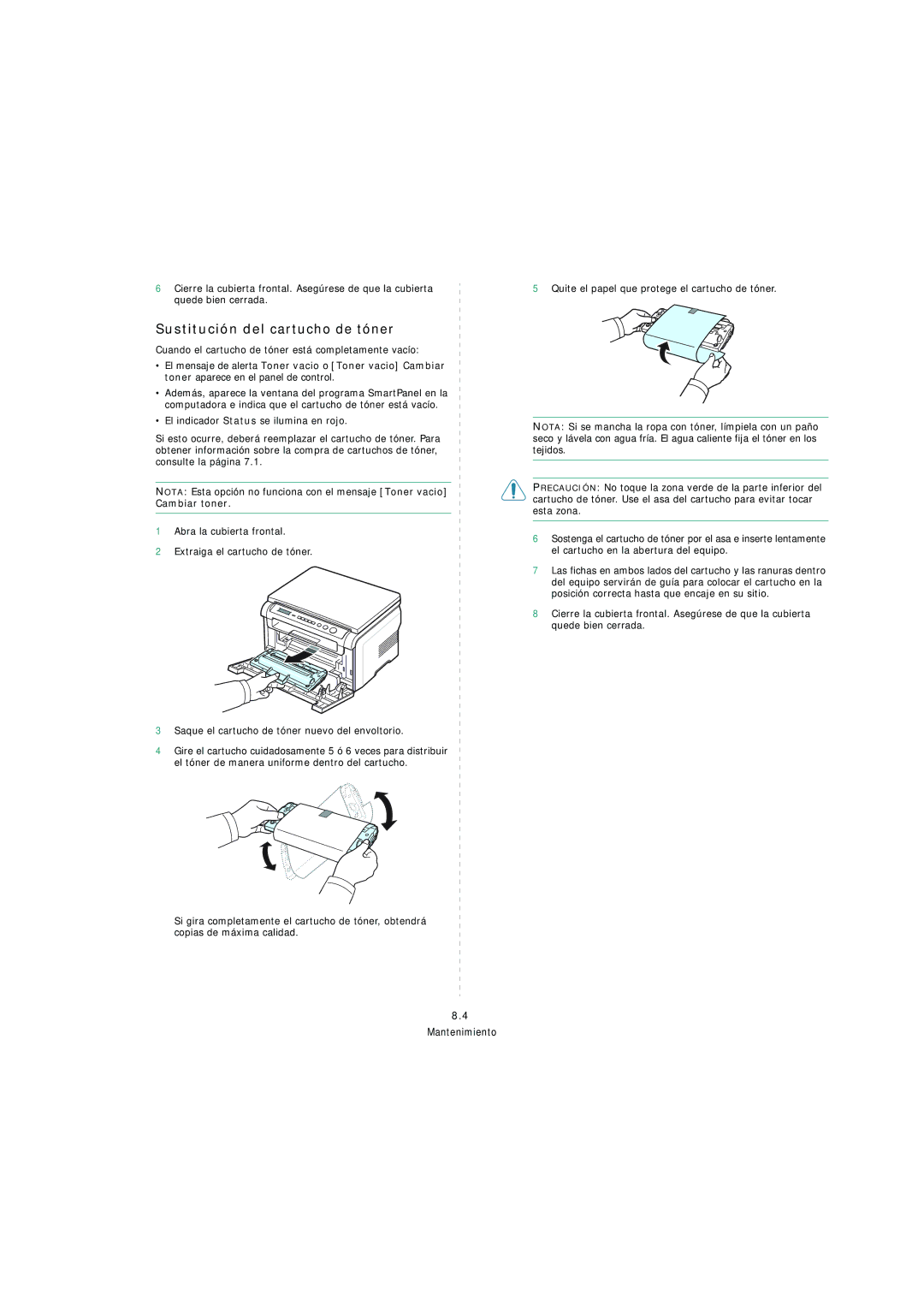 Samsung SCX-4200 manual Sustitución del cartucho de tóner, Cuando el cartucho de tóner está completamente vacío 