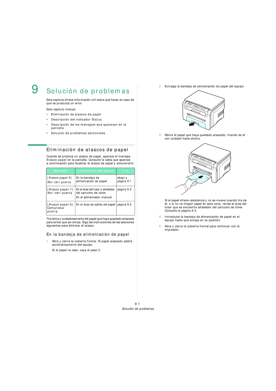 Samsung SCX-4200 manual Solución de problemas, Eliminación de atascos de papel, En la bandeja de alimentación de papel 