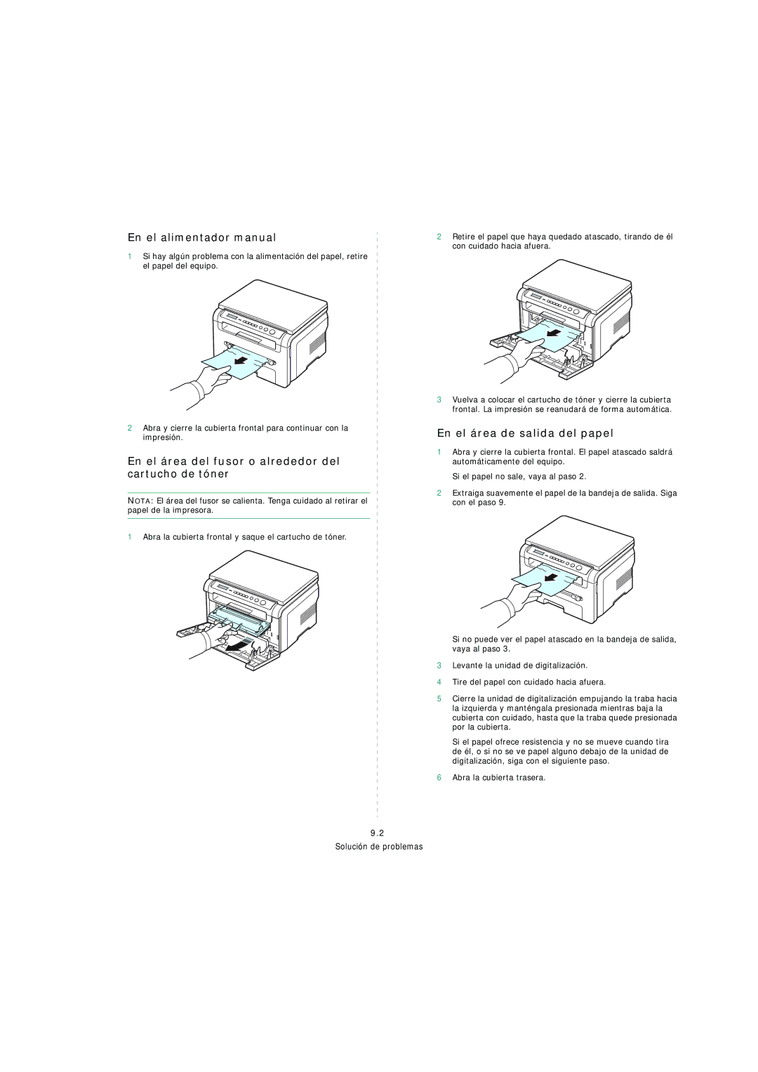 Samsung SCX-4200 manual En el área del fusor o alrededor del cartucho de tóner, En el área de salida del papel 