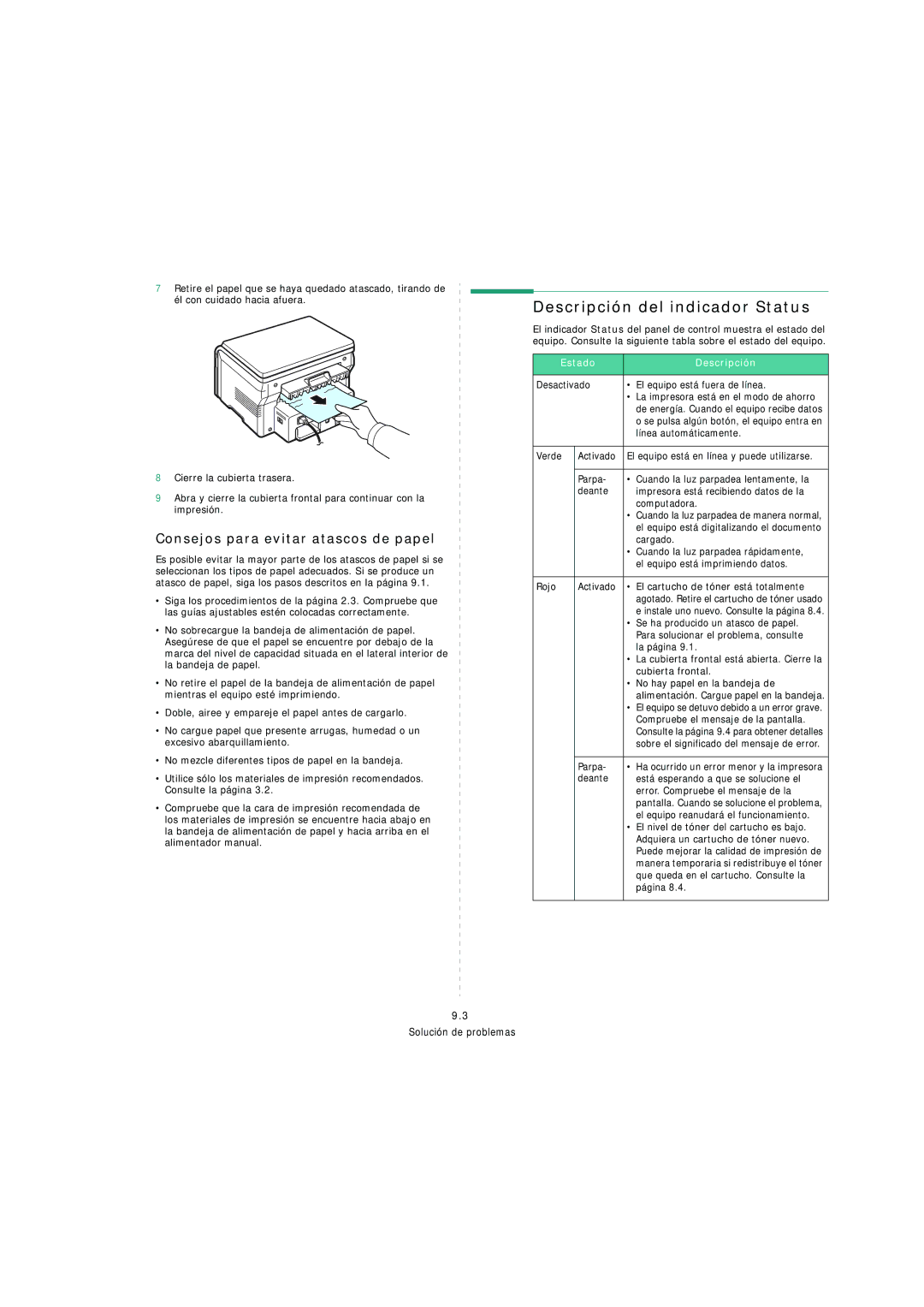 Samsung SCX-4200 manual Descripción del indicador Status, Consejos para evitar atascos de papel, Estado Descripción 