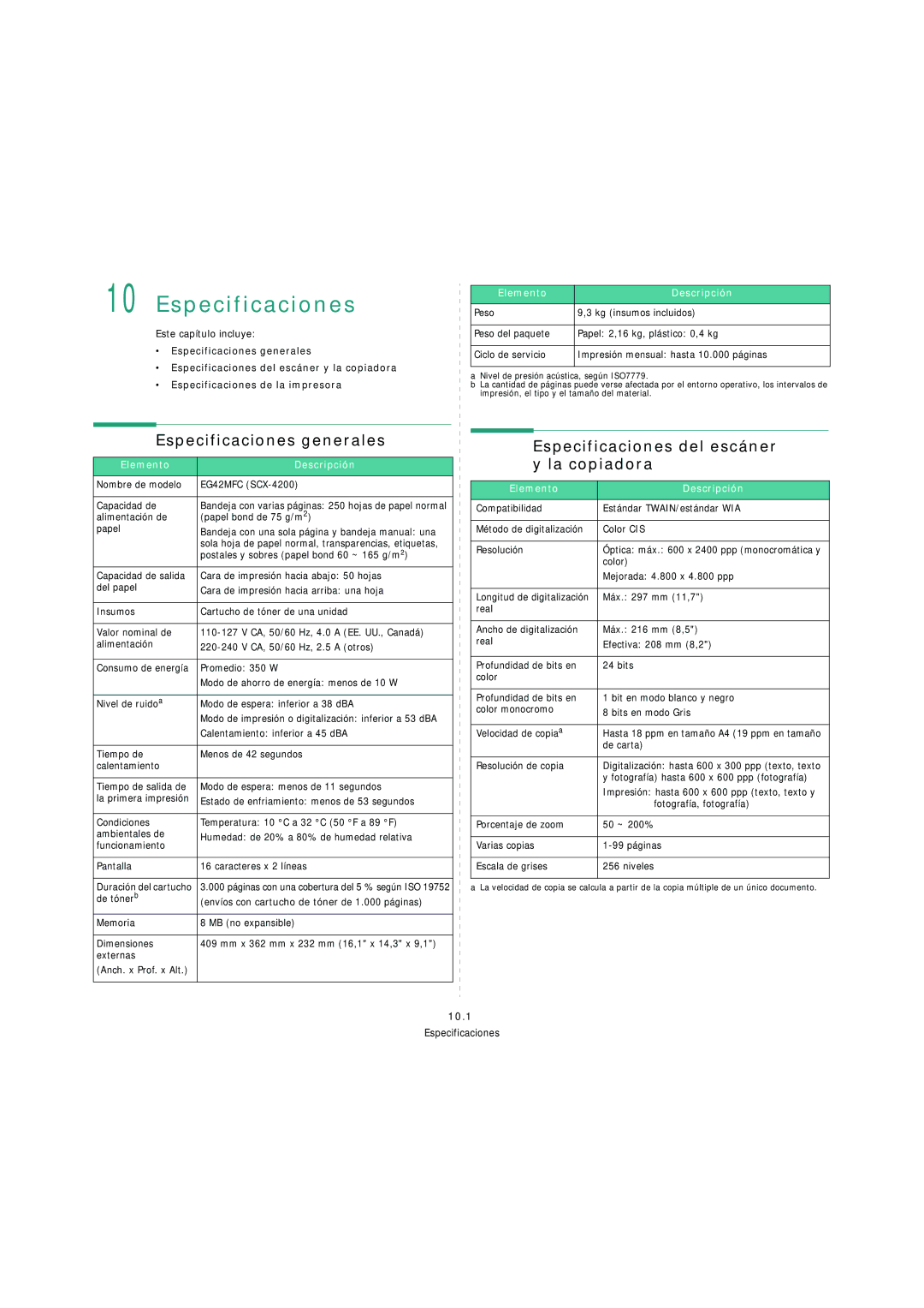 Samsung SCX-4200 manual Especificaciones generales, Especificaciones del escáner y la copiadora, Elemento Descripción 