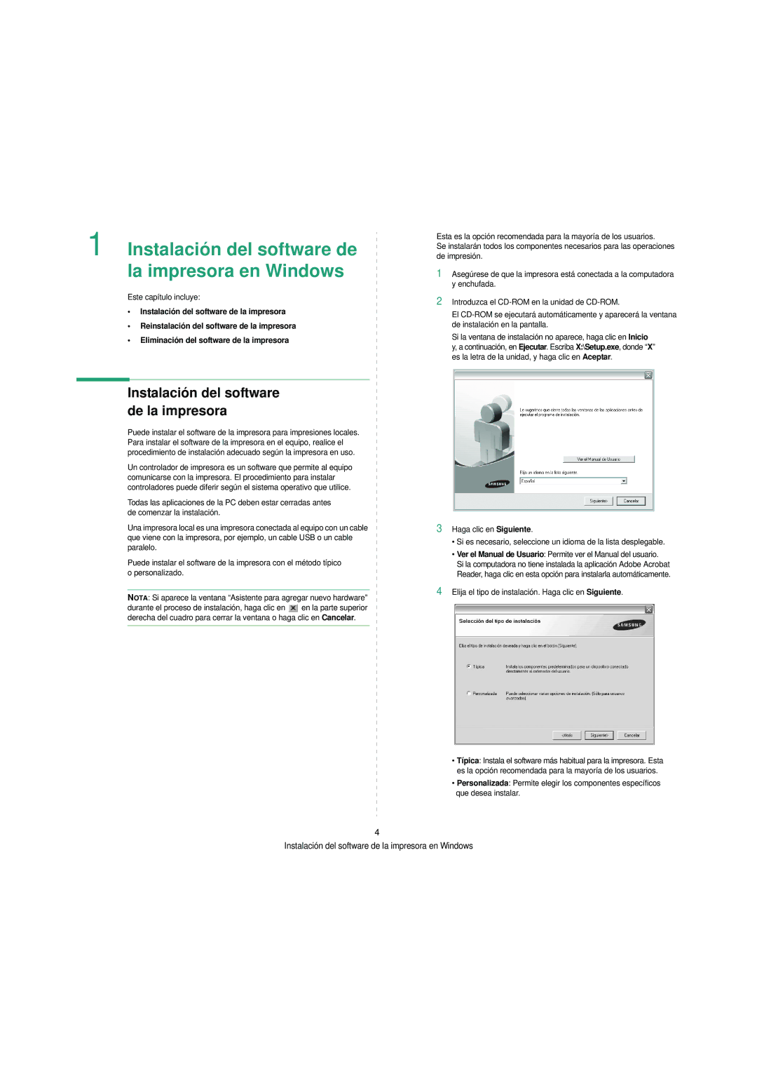 Samsung SCX-4200 manual Instalación del software de la impresora en Windows 
