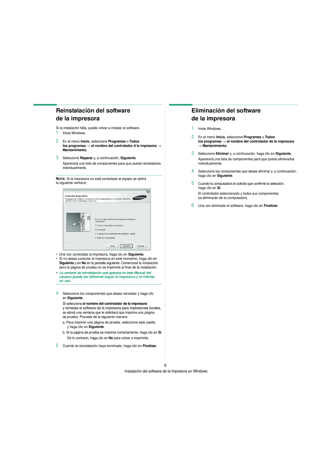 Samsung SCX-4200 manual Reinstalación del software de la impresora, Eliminación del software de la impresora 