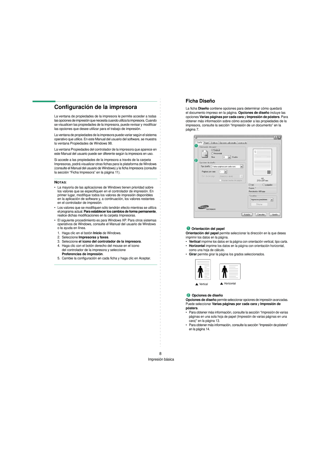 Samsung SCX-4200 manual Configuración de la impresora, Ficha Diseño, Orientación del papel, Opciones de diseño 