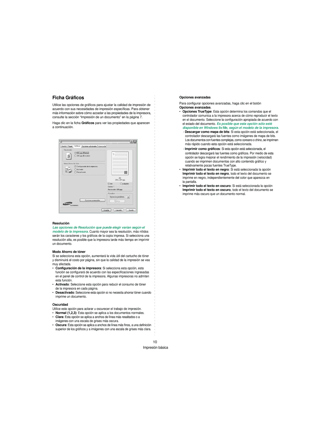 Samsung SCX-4200 manual Ficha Gráficos, Resolución, Modo Ahorro de tóner, Oscuridad, Opciones avanzadas 