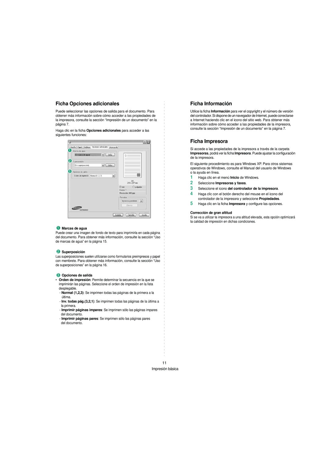 Samsung SCX-4200 manual Ficha Opciones adicionales, Ficha Información, Ficha Impresora 