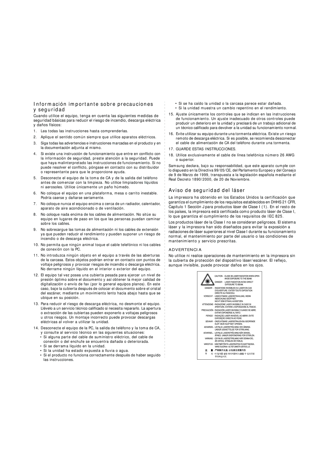 Samsung SCX-4200 manual Información importante sobre precauciones y seguridad 