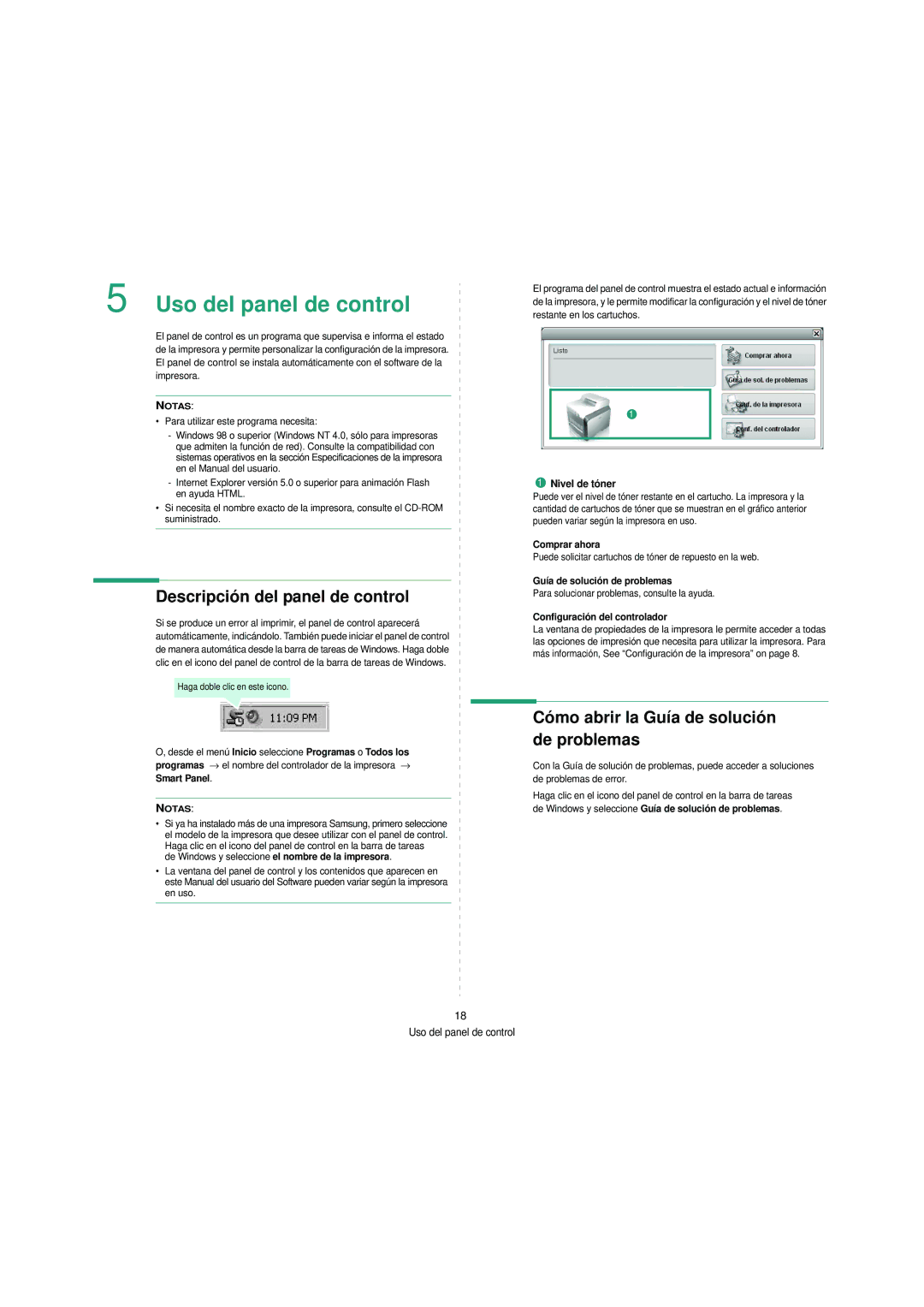 Samsung SCX-4200 manual Descripción del panel de control, Cómo abrir la Guía de solución de problemas, Nivel de tóner 