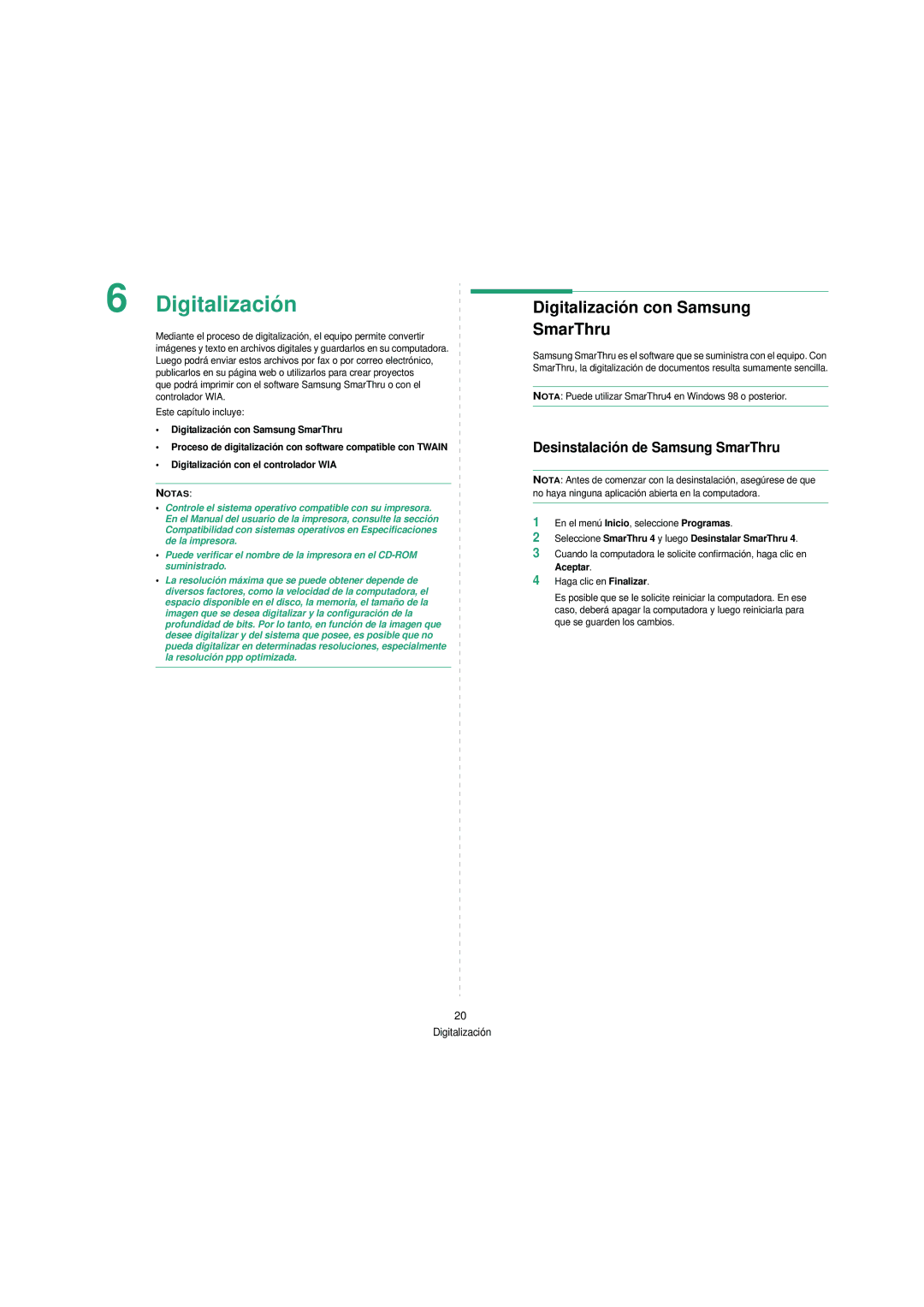 Samsung SCX-4200 manual Digitalización con Samsung SmarThru, Desinstalación de Samsung SmarThru 