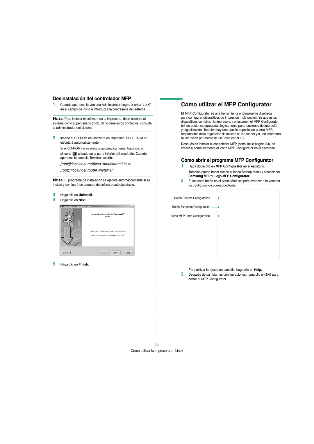 Samsung SCX-4200 manual Cómo utilizar el MFP Configurator, Desinstalación del controlador MFP 