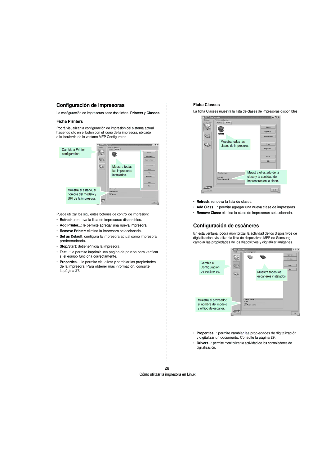 Samsung SCX-4200 manual Configuración de impresoras, Configuración de escáneres, Ficha Printers, Ficha Classes 