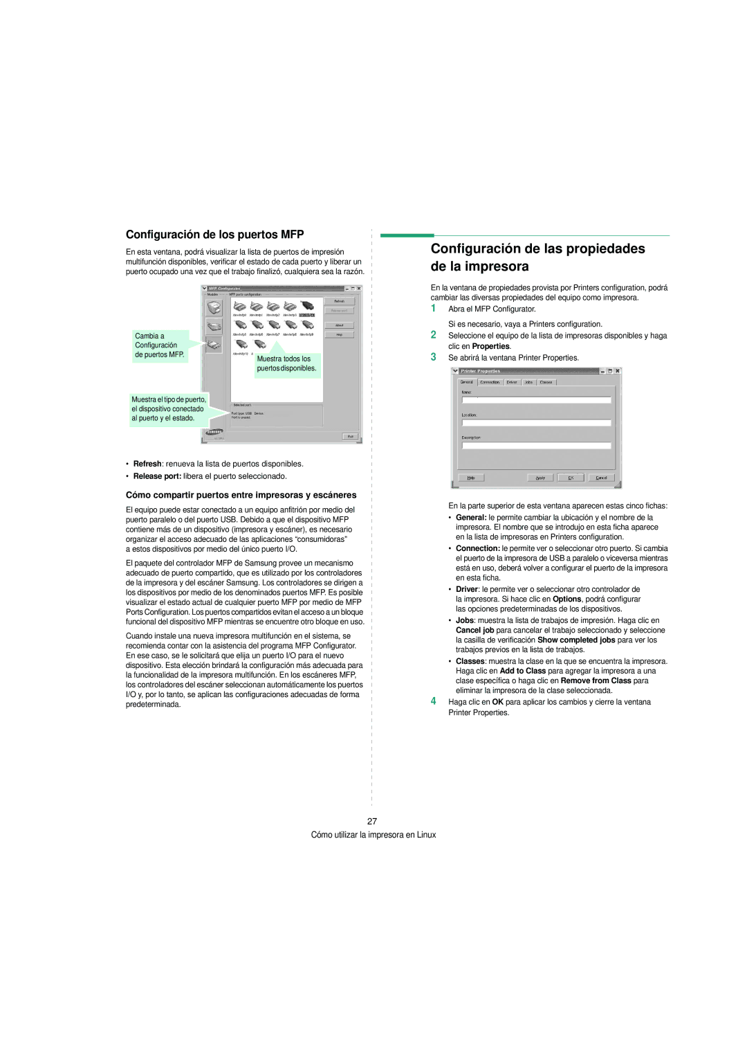 Samsung SCX-4200 manual Configuración de las propiedades de la impresora, Configuración de los puertos MFP 