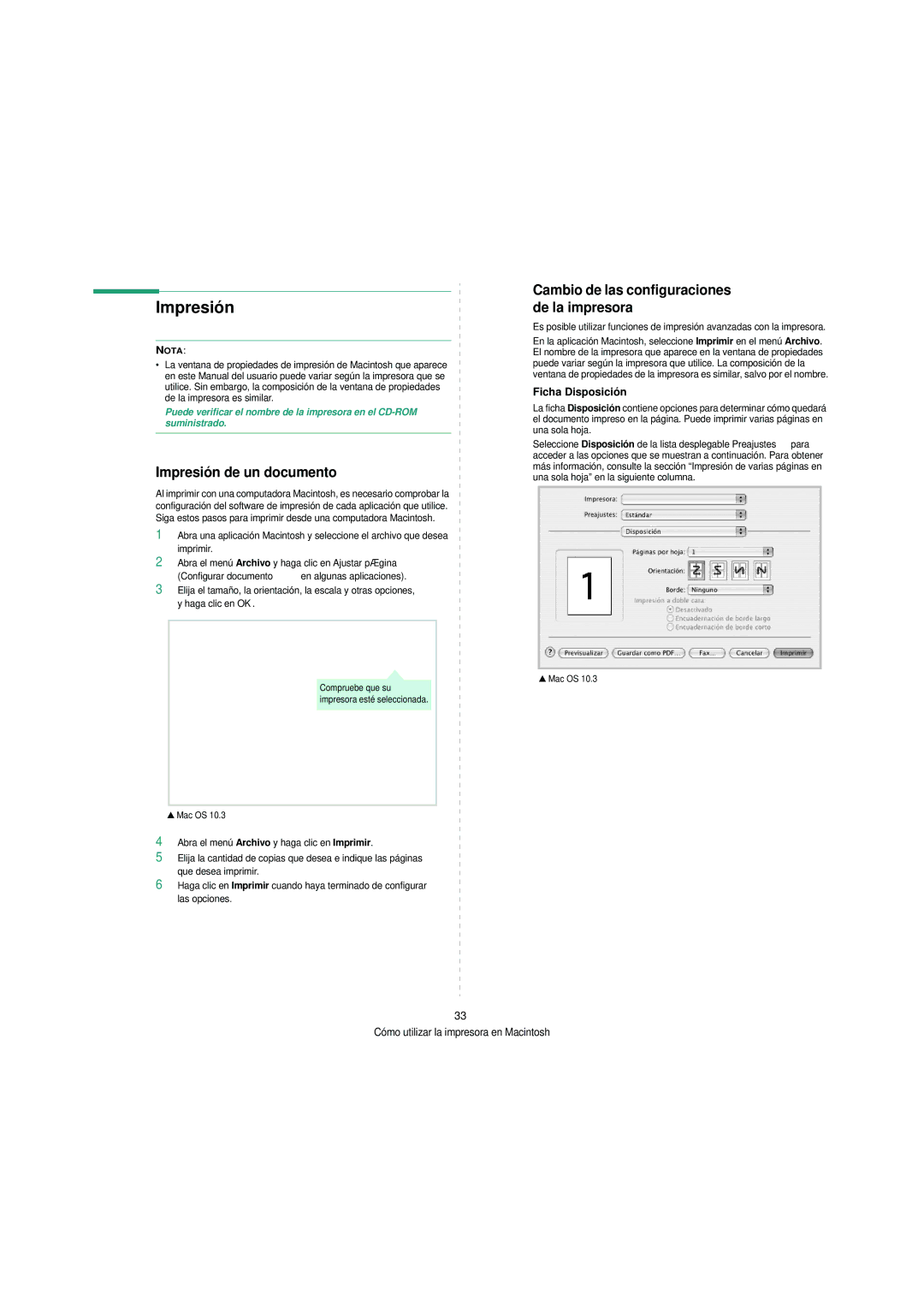 Samsung SCX-4200 manual Impresión de un documento, Cambio de las configuraciones de la impresora, Ficha Disposición 