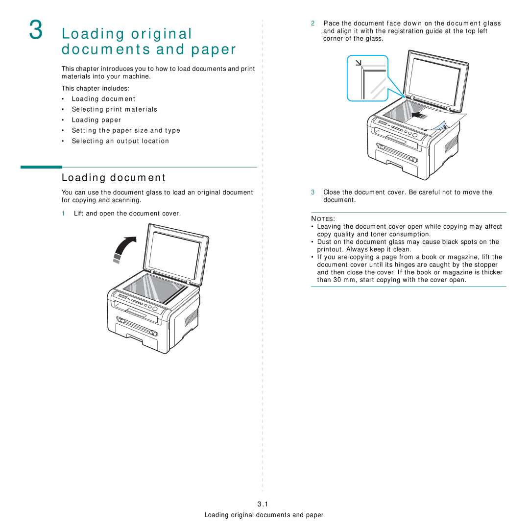 Samsung SCX-4200R manual Loading original documents and paper, Loading document 