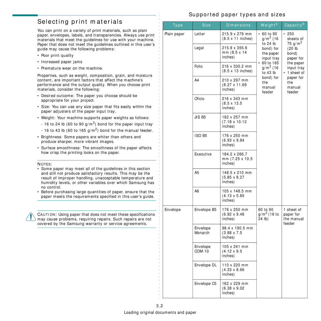 Samsung SCX-4200R Selecting print materials, Supported paper types and sizes, Type Size Dimensions Weight a Capacity b 