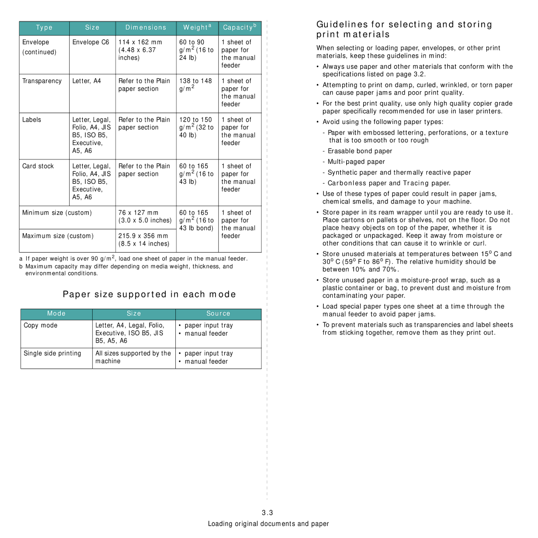 Samsung SCX-4200R manual Paper size supported in each mode, Guidelines for selecting and storing print materials 