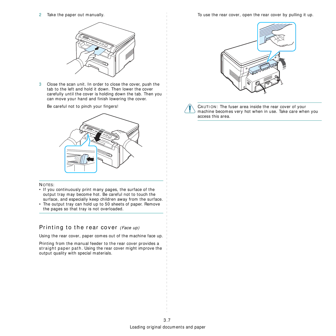 Samsung SCX-4200R Printing to the rear cover Face up, Take the paper out manually, Be careful not to pinch your fingers 