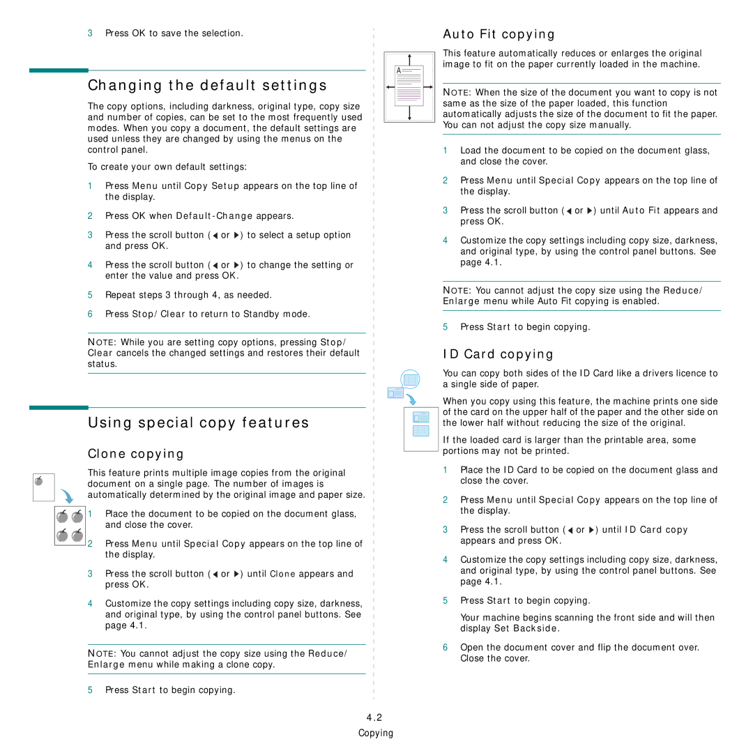 Samsung SCX-4200R manual Changing the default settings, Using special copy features, Auto Fit copying, ID Card copying 