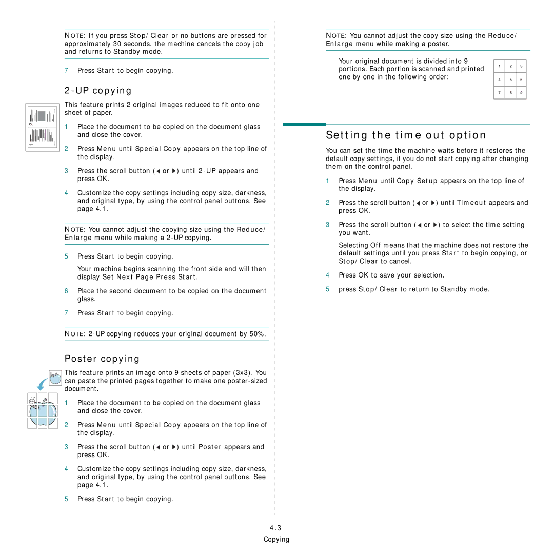 Samsung SCX-4200R manual Setting the time out option, UP copying, Poster copying 