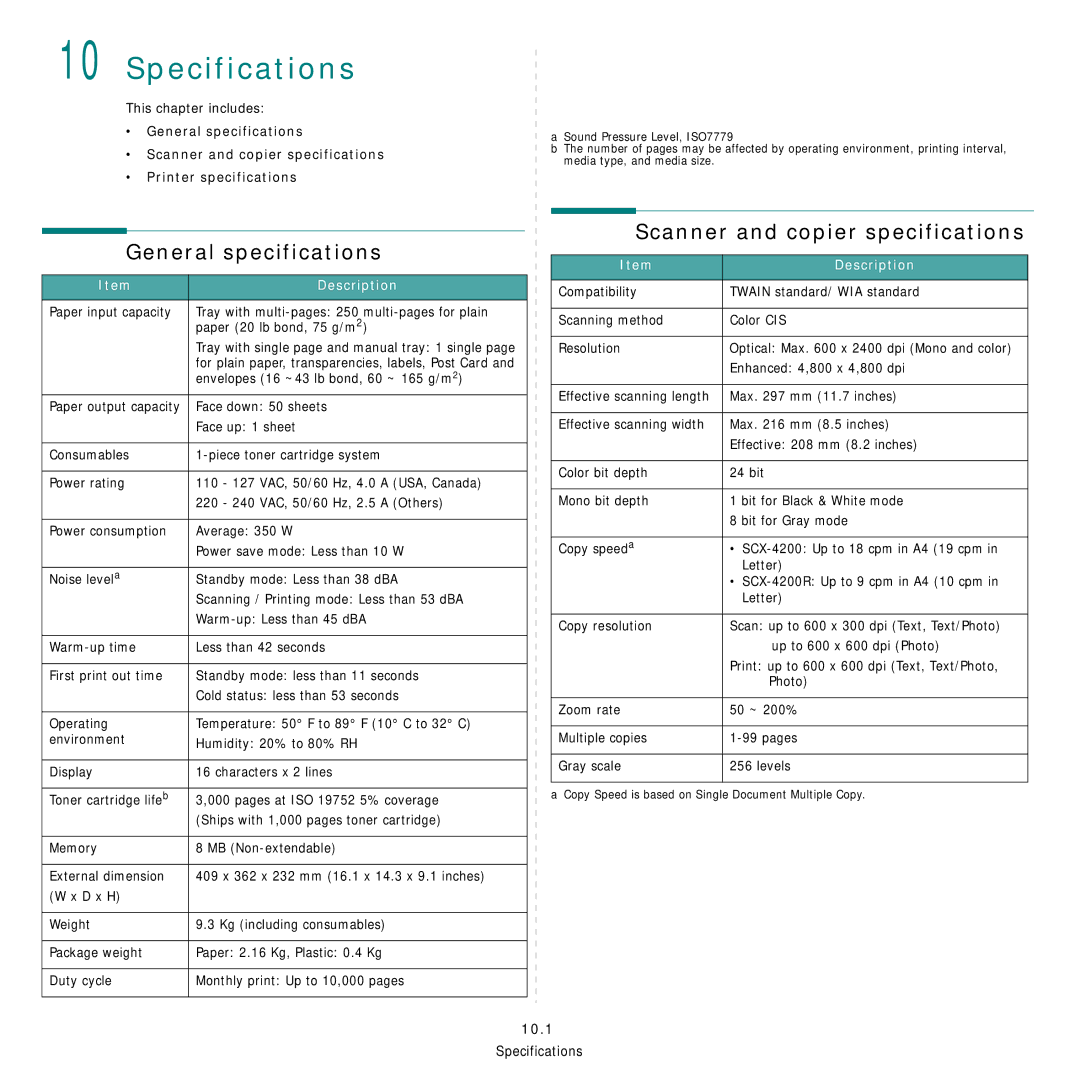 Samsung SCX-4200R manual Specifications, General specifications, Scanner and copier specifications, 10.1 