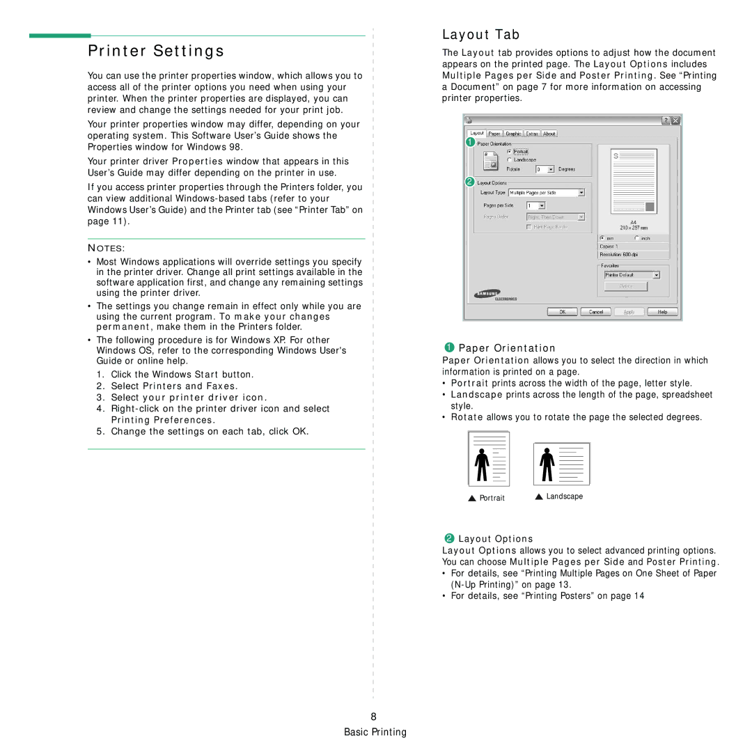 Samsung SCX-4200R manual Printer Settings, Layout Tab, Paper Orientation, Layout Options 