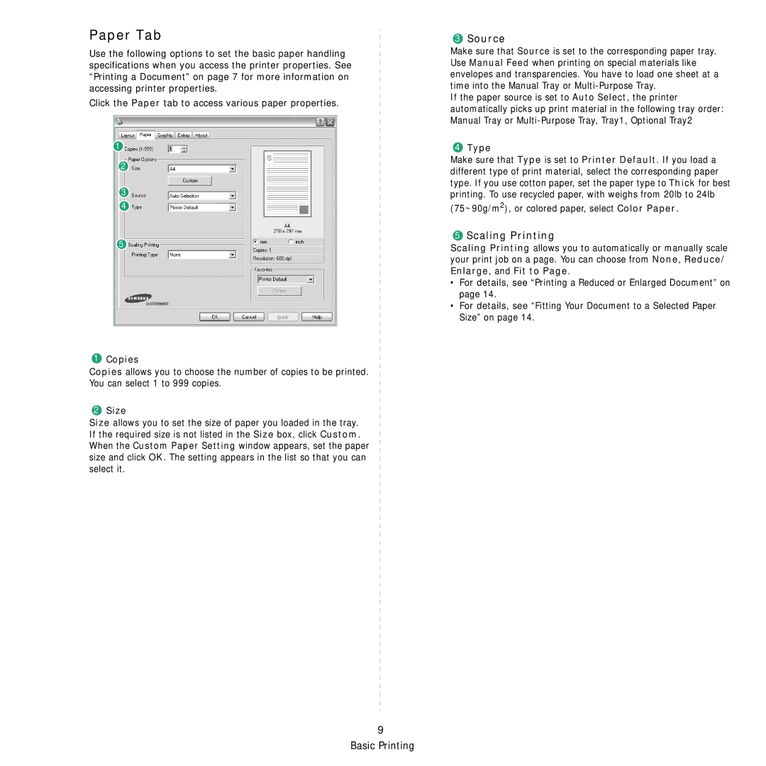 Samsung SCX-4200R manual Paper Tab, Source, Scaling Printing 