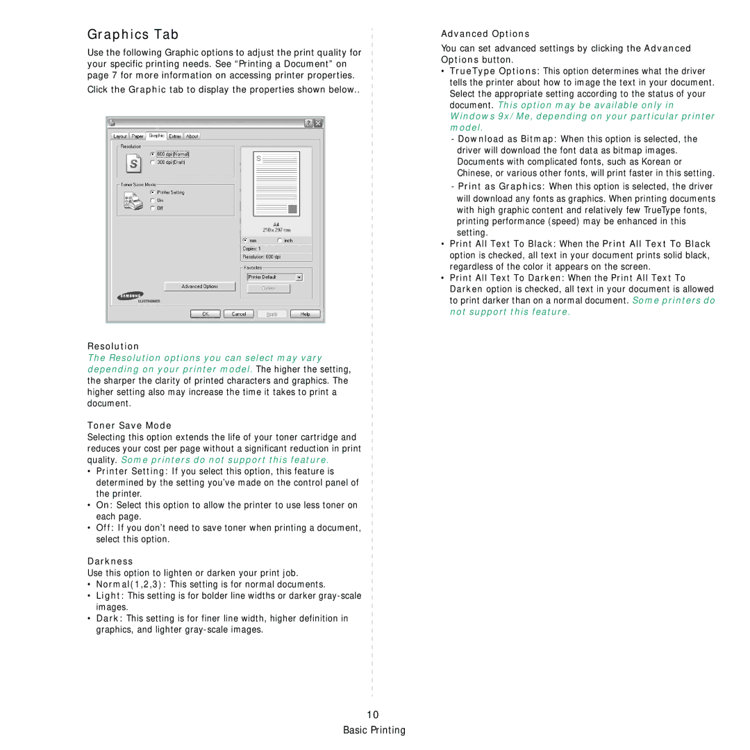 Samsung SCX-4200R manual Graphics Tab, Resolution, Toner Save Mode, Darkness, Advanced Options 