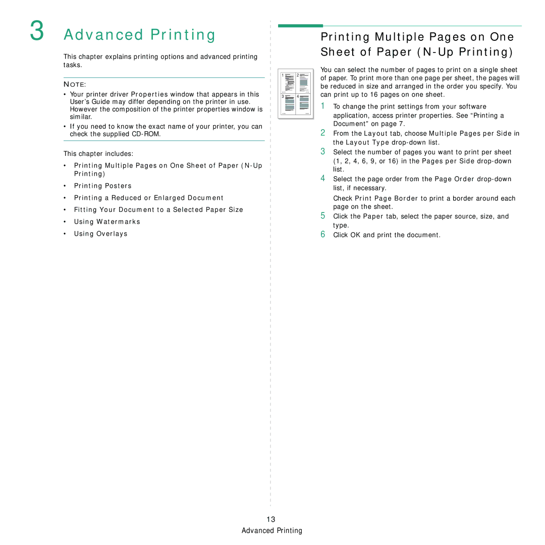 Samsung SCX-4200R manual Advanced Printing, Printing Multiple Pages on One Sheet of Paper N-Up Printing 