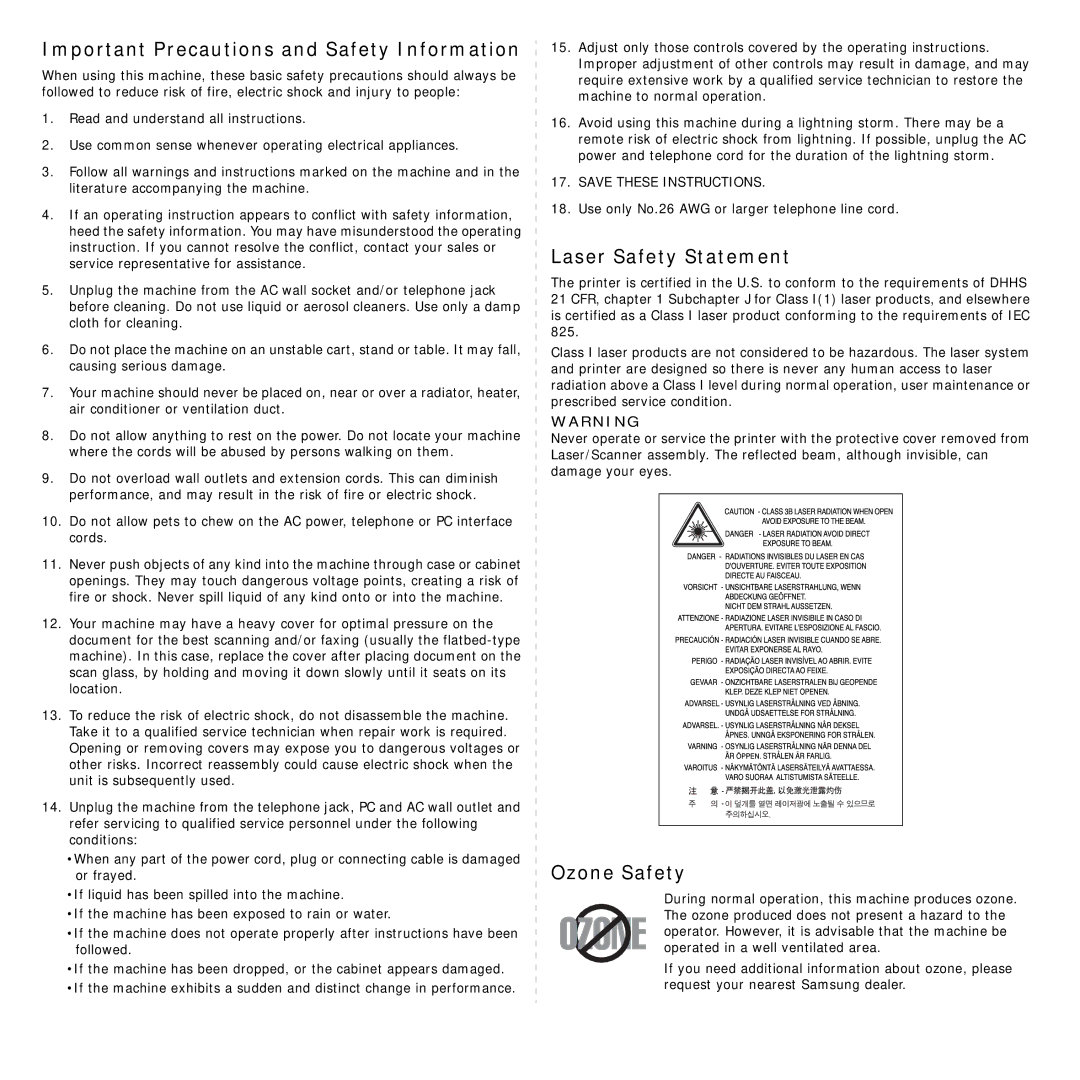 Samsung SCX-4200R manual Important Precautions and Safety Information, Laser Safety Statement, Ozone Safety 