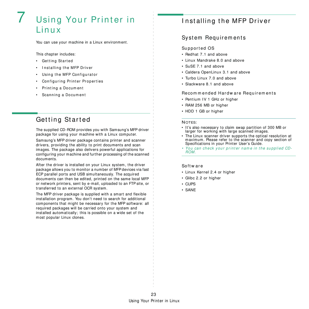 Samsung SCX-4200R manual Using Your Printer in Linux, Getting Started, Installing the MFP Driver, System Requirements 