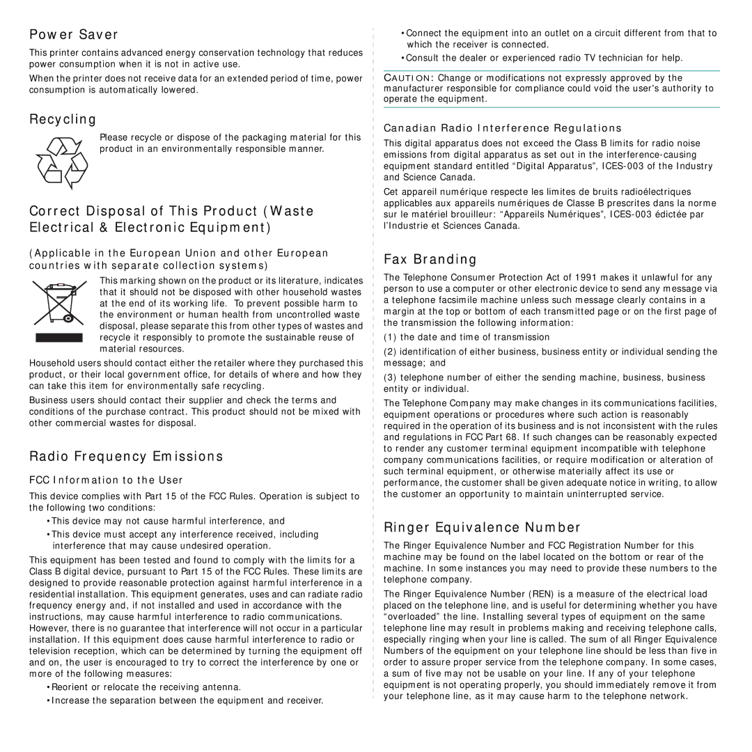 Samsung SCX-4200R manual Power Saver, Recycling, Radio Frequency Emissions, Fax Branding, Ringer Equivalence Number 