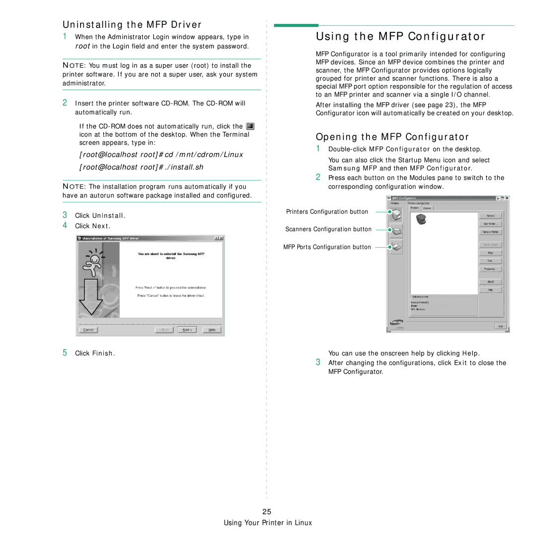 Samsung SCX-4200R Using the MFP Configurator, Uninstalling the MFP Driver, Opening the MFP Configurator, Click Uninstall 