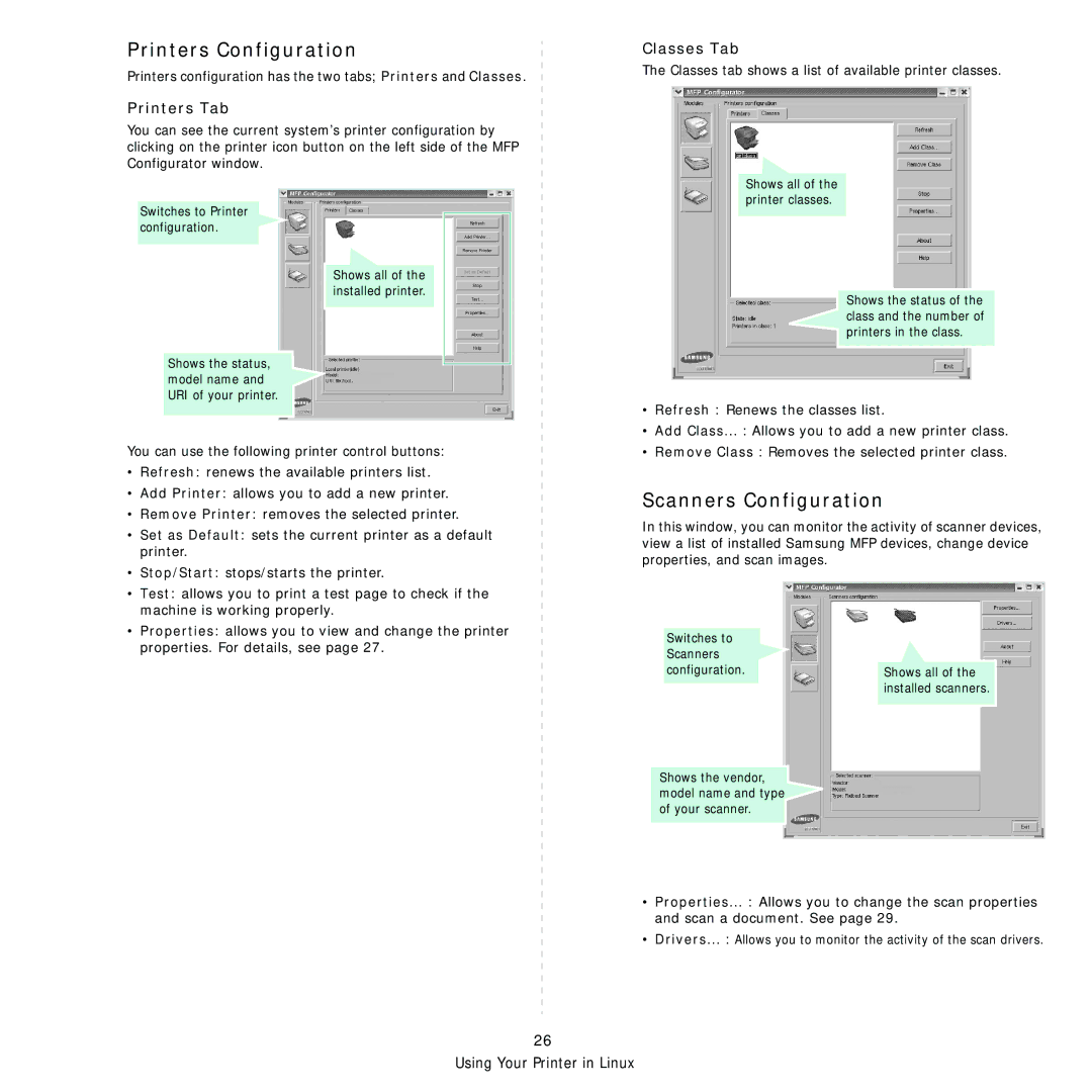 Samsung SCX-4200R manual Printers Configuration, Scanners Configuration, Printers Tab, Classes Tab 