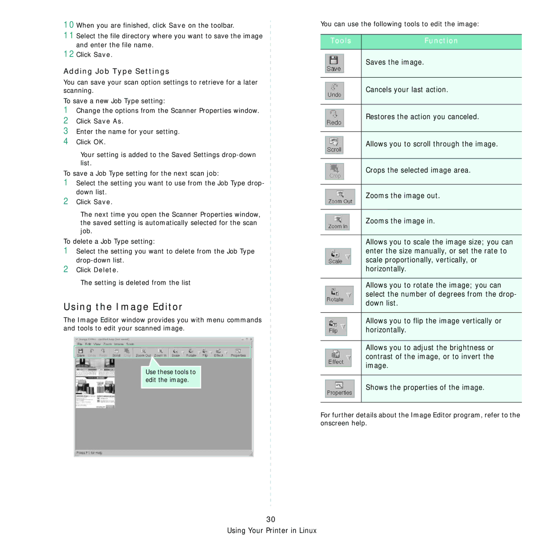 Samsung SCX-4200R Using the Image Editor, Adding Job Type Settings, You can use the following tools to edit the image 