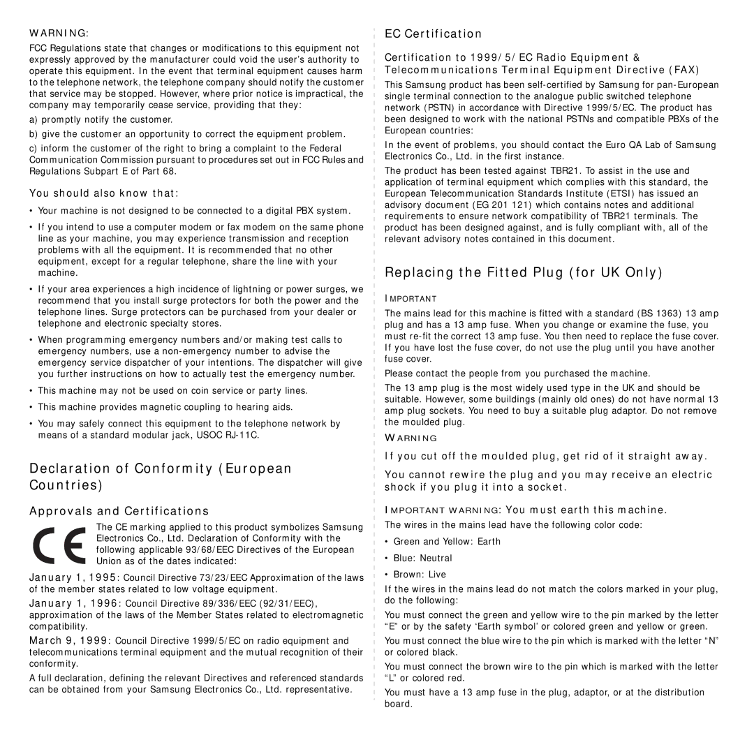 Samsung SCX-4200R manual Declaration of Conformity European Countries, Replacing the Fitted Plug for UK Only 